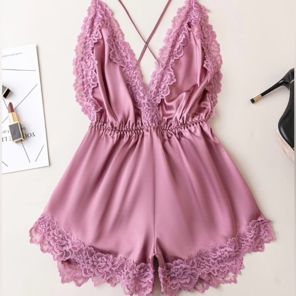 NWOT Lace Trim Cami Satin Romper - Dusty Pink, Intimate Pajamas Size L